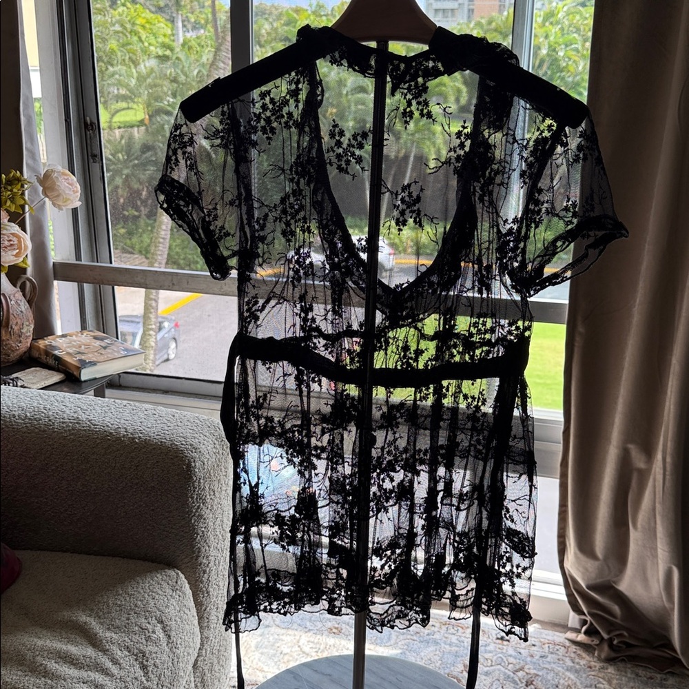 Angie Black Sheer Lace top/ blouse with back tie